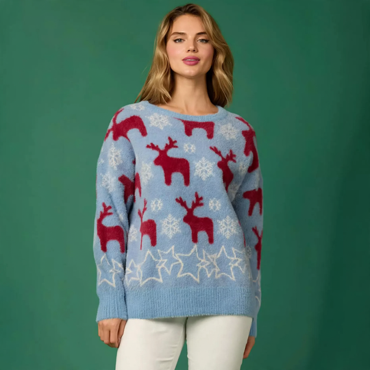 Damen-Weihnachtspullover mit Rentier- und Baum-Motiv