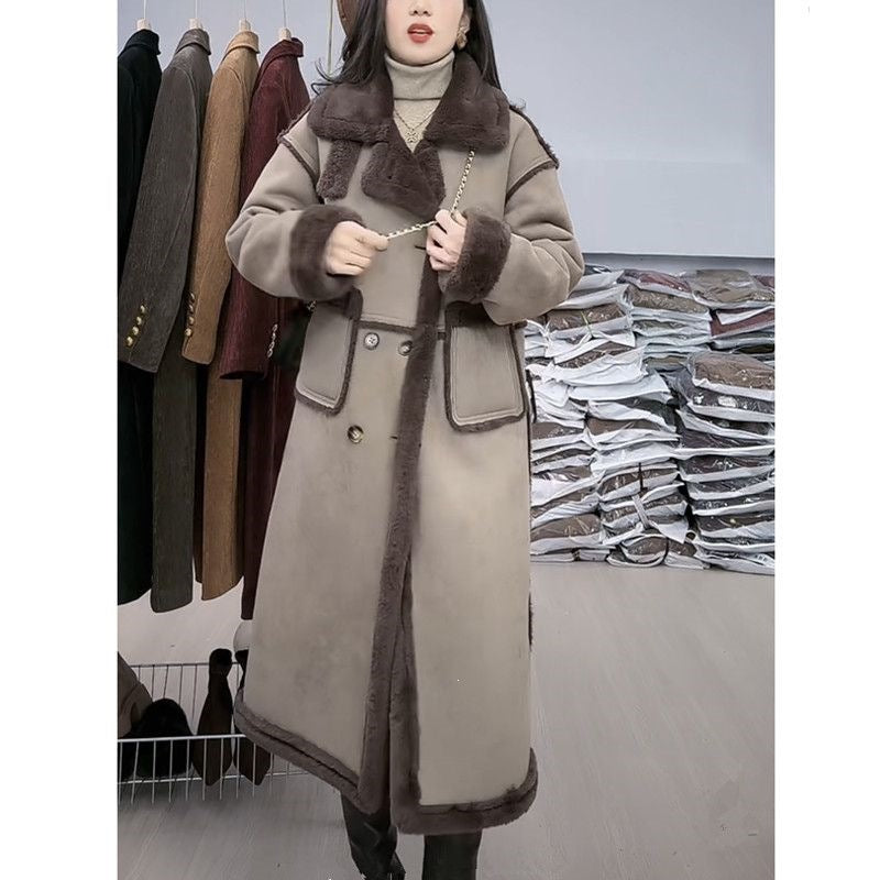 Lammfleece-Mantel für Damen, Wildleder-Optik, lang