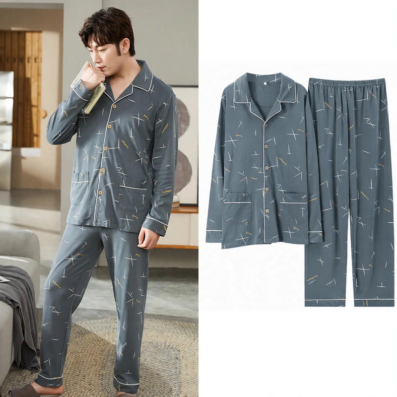 Herren-Pyjama-Set, Baumwolle, Langarm, mit Knopfleiste