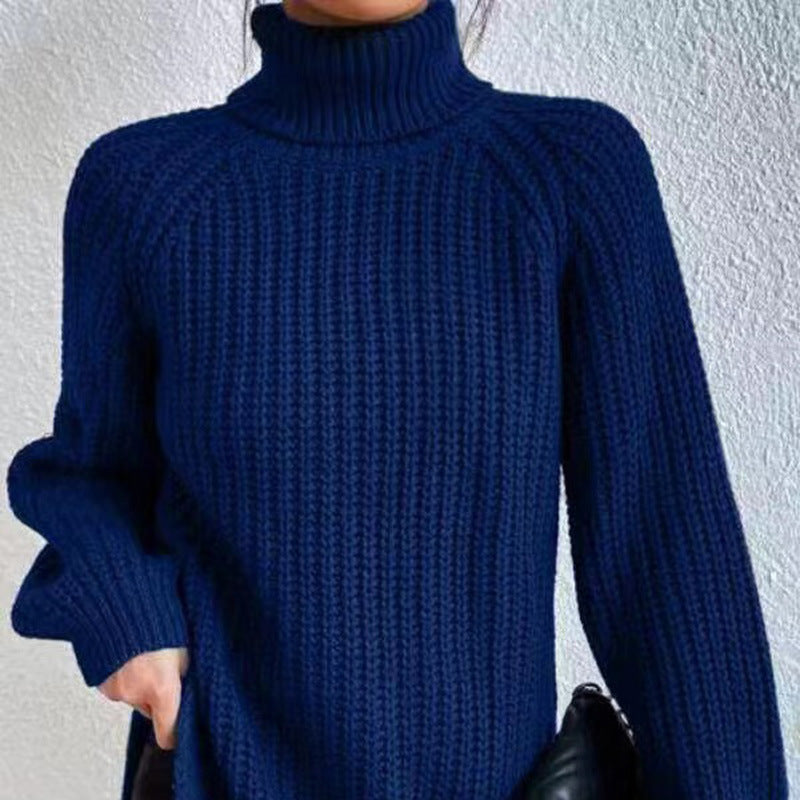 Damen-Strickpullover, mittellang mit hohem Kragen