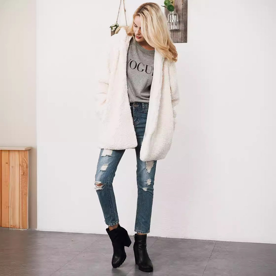 Langer Damen-Wintermantel mit Kapuze in Teddy-Optik