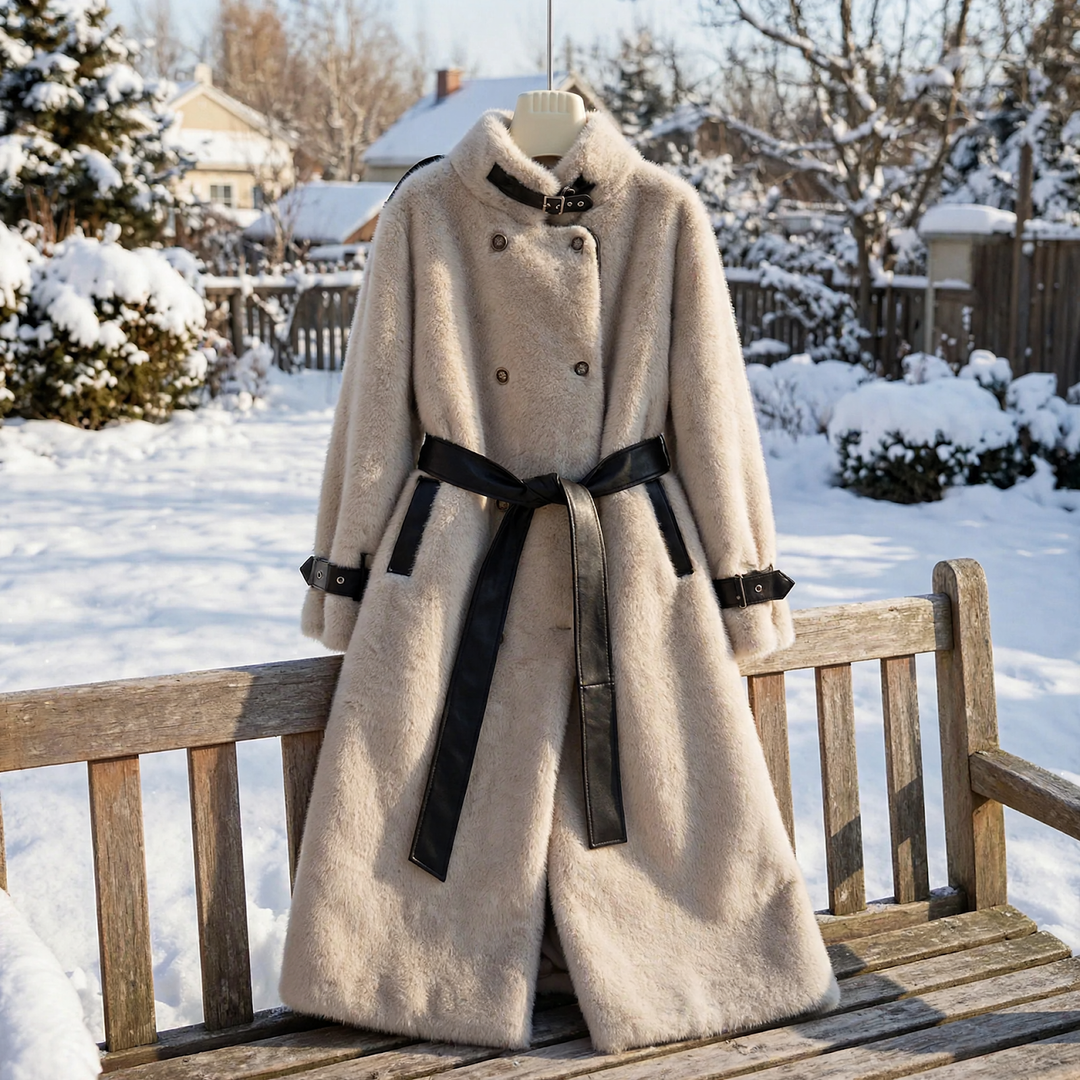 Langer Damen-Lammfellmantel mit Gürtel