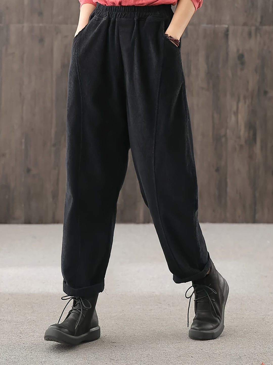 Damen-Cordhose, hoch geschnitten, lockere Passform