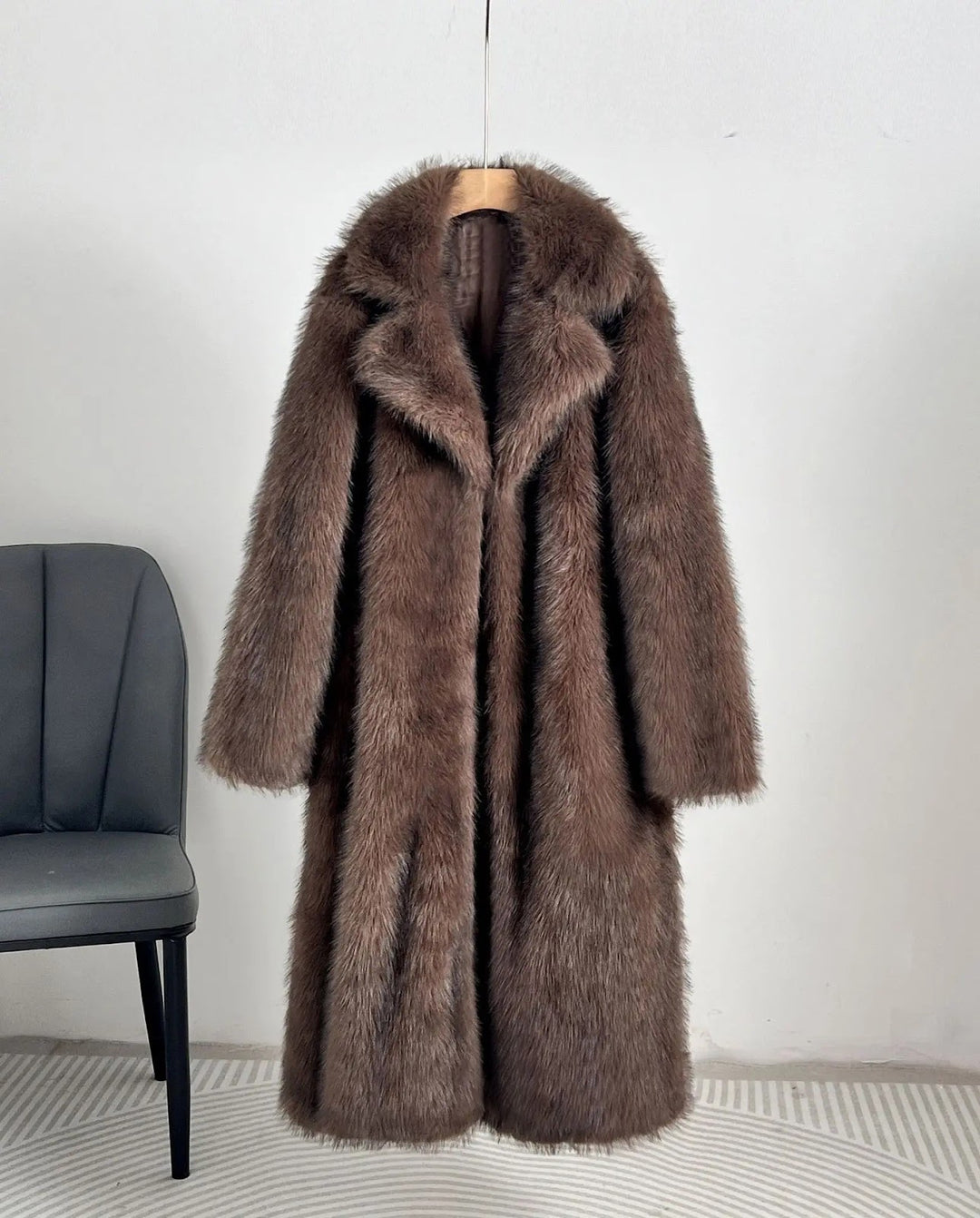 Langer Kunstfell-Mantel mit Revers für Damen