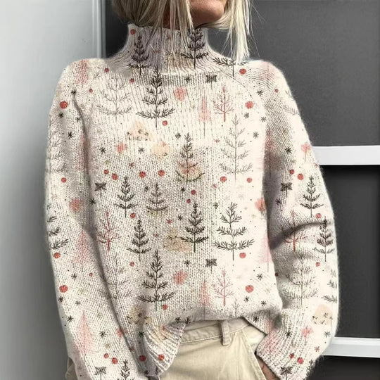 Lockerer Damen-Pullover mit Rollkragen und Weihnachts-Print