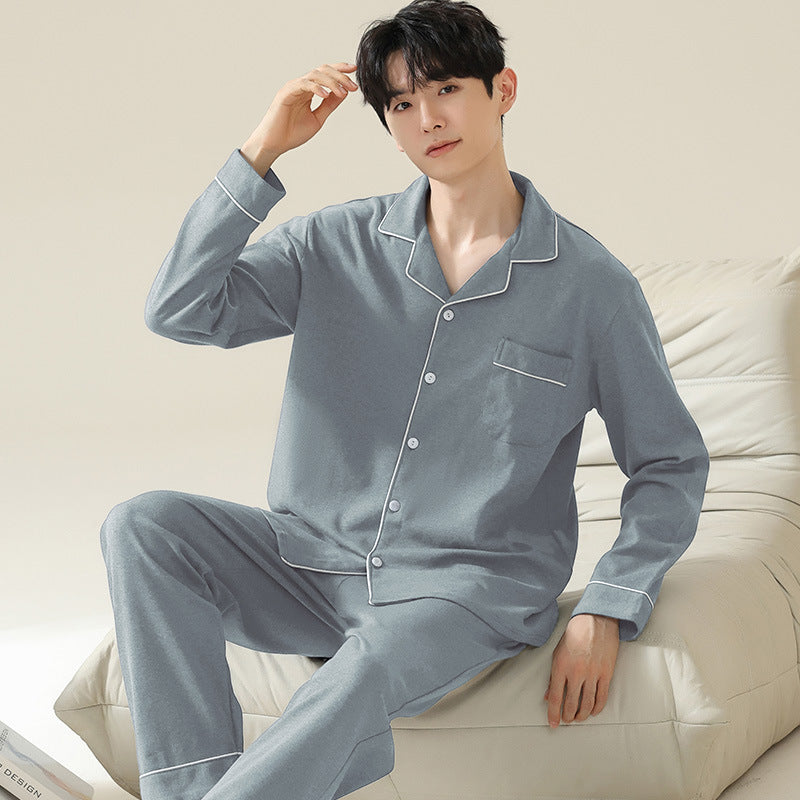 Herren-Pyjama-Set, Baumwolle, langärmelig, schlicht