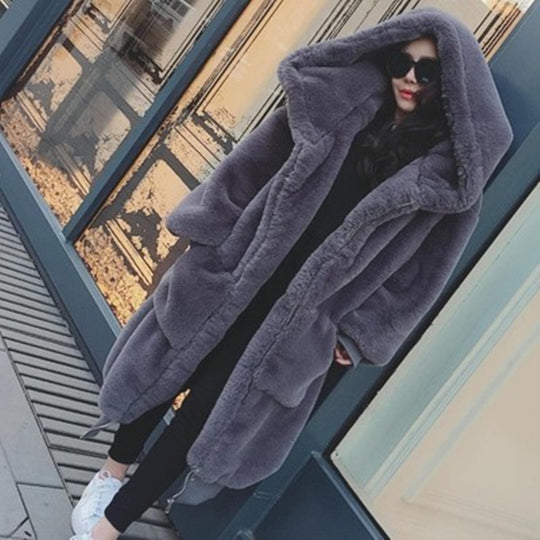 Lange Damen-Kapuzenjacke in Kaninchenfell-Optik