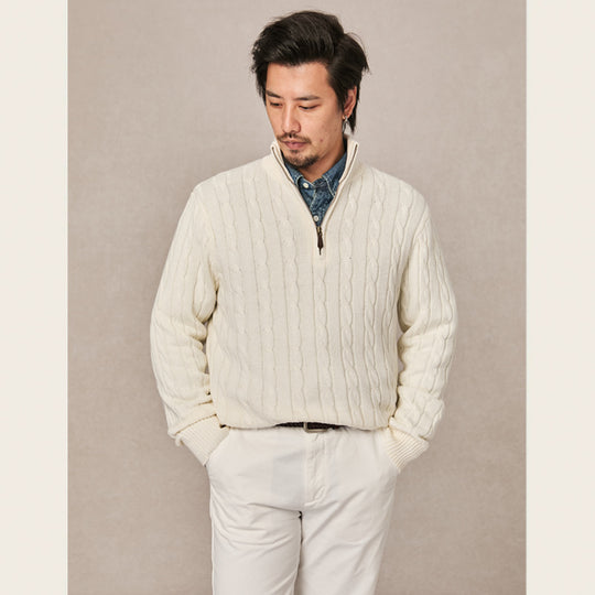 Herren-Strickpullover, Stehkragen mit Reißverschluss, Zopfmuster