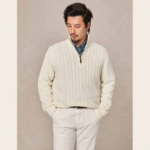 Herren-Strickpullover, Stehkragen mit Reißverschluss, Zopfmuster