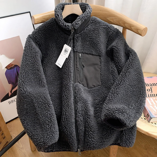 Lammfleece-Jacke mit Stehkragen und Taschen