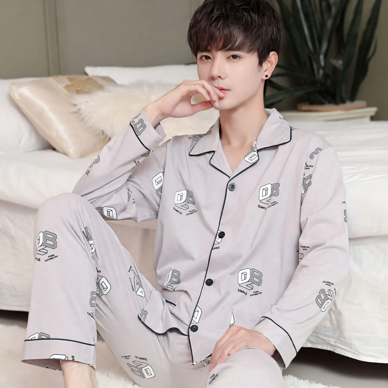 Herren-Pyjama-Set, 100% Baumwolle, Langarm