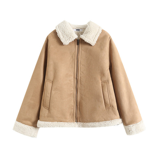Damen-Wildlederimitat-Jacke mit Lammfell-Optik und Revers