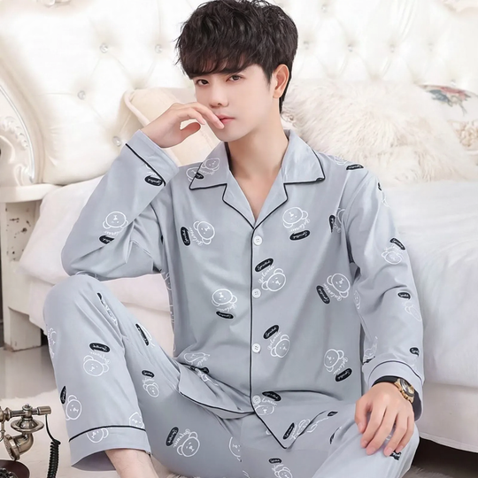 Herren-Pyjama-Set, 100% Baumwolle, Langarm, Übergrößen