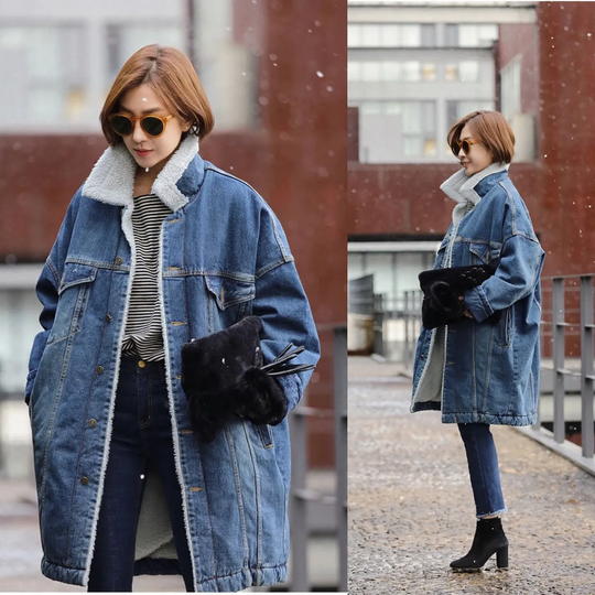 Gefütterte Jeansjacke mit Lammfell-Optik, mittellang