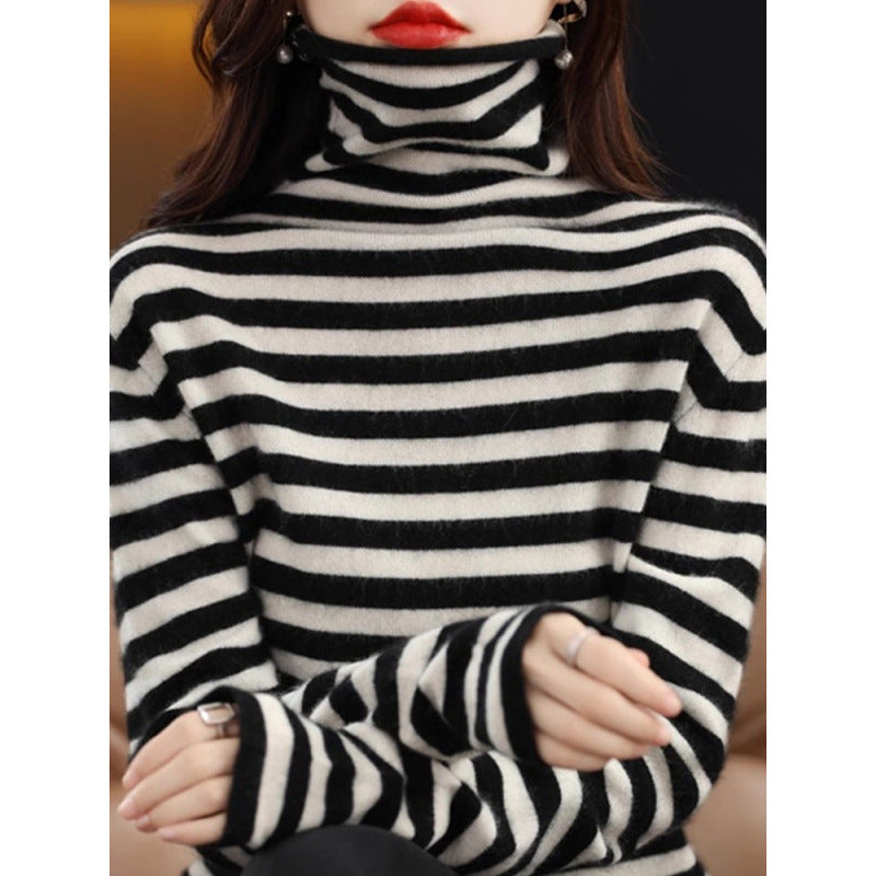 Damen-Strickpullover, gestreift, Stehkragen