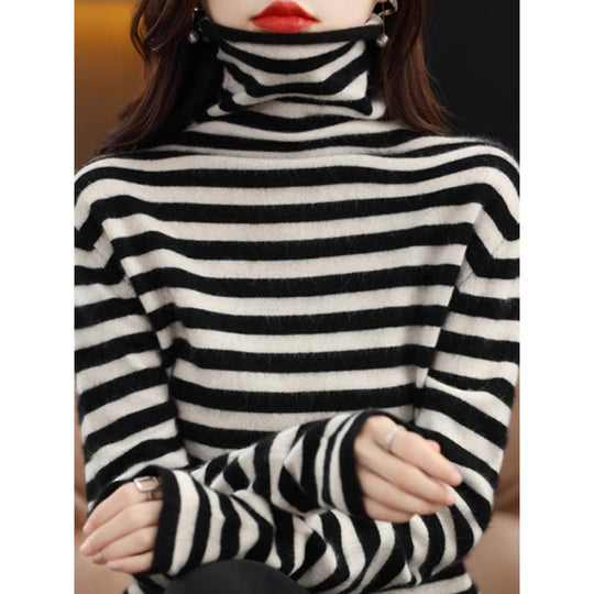 Damen-Strickpullover, gestreift, Stehkragen