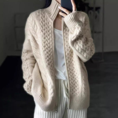 Damen-Wollstrickjacke, hochgeschlossen, mit Reißverschluss, Zopfmuster