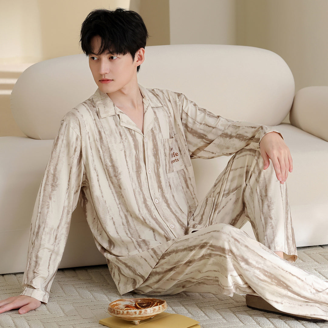 Herren-Pyjama-Set, Baumwolle, Langarm, klassisch