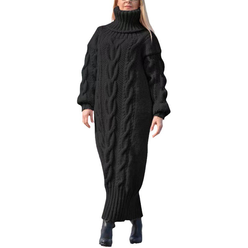 Langer Damen-Rollkragenpullover mit Zopfmuster