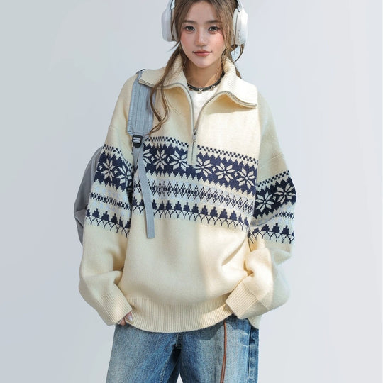 Damen-Strickpullover mit Reißverschluss und Kragen
