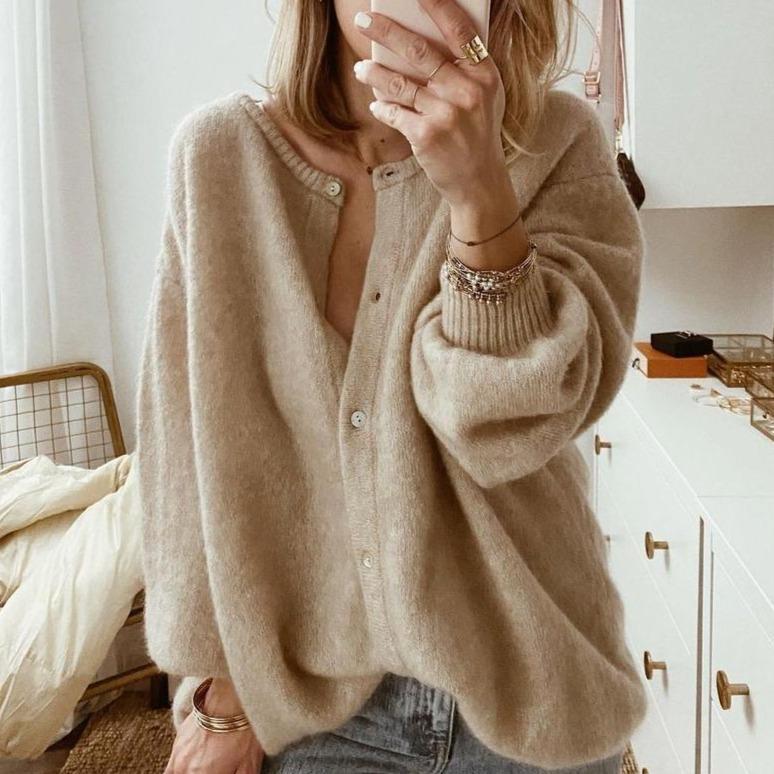 Strickjacke Übergröße Schnitt Wollstrick Frontknopf Gerippte Kanten