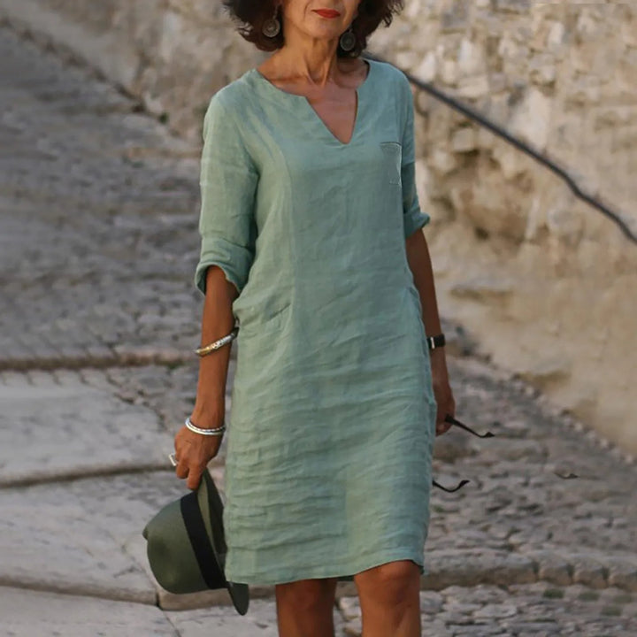 Rona Leinen Shiftkleid mit V-Ausschnitt und Taschen