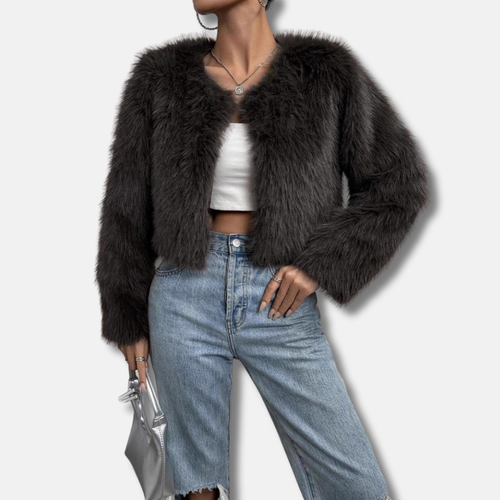 Mantel Kunstpelz Kurz Offene Vorderseite Kragenlos Lange Ärmel