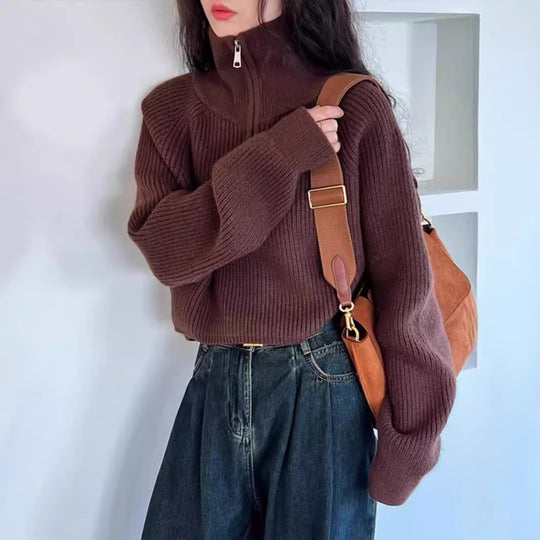 Amerikanischer Retro-Strickpullover mit halbem Reißverschluss