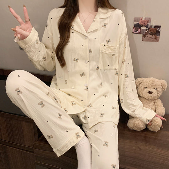 Damen-Pyjama-Set, langärmelig, mit Schleifen-Detail