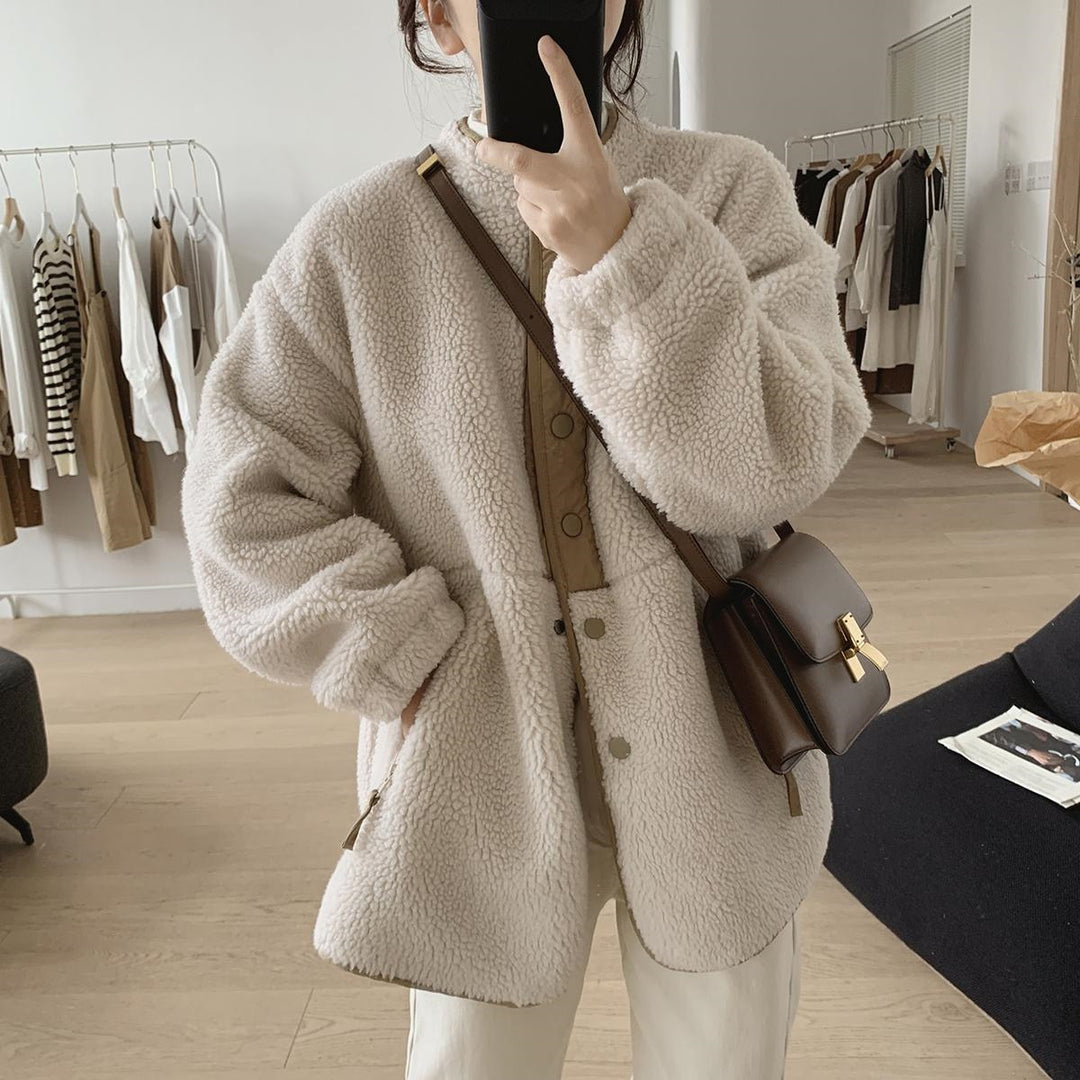 Lammfleece-Mantel, Stehkragen, mit Bindegürtel