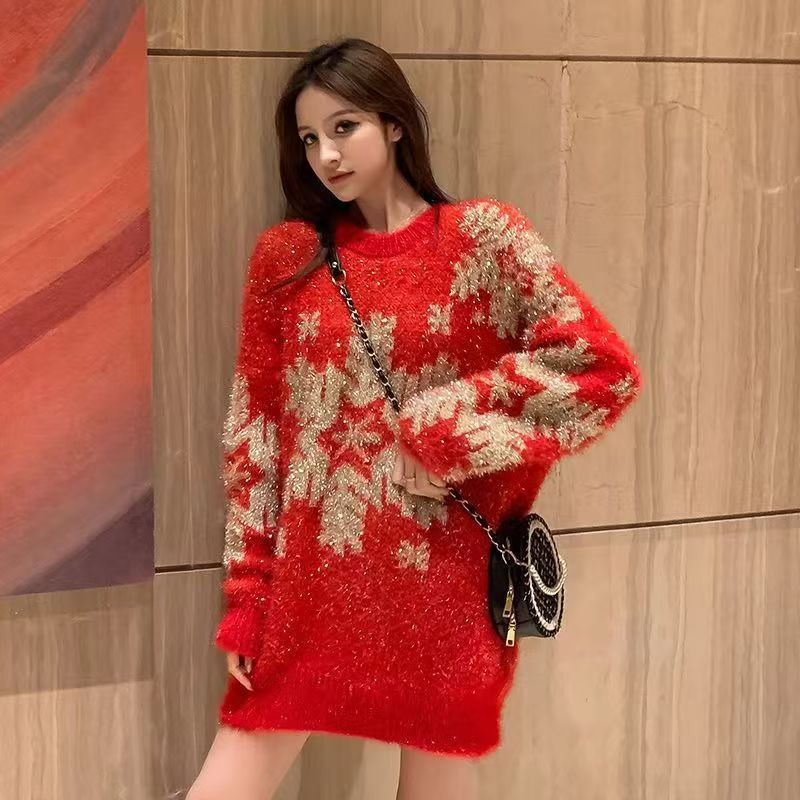 Damen-Strickpullover mit Weihnachtsmotiv, locker geschnitten