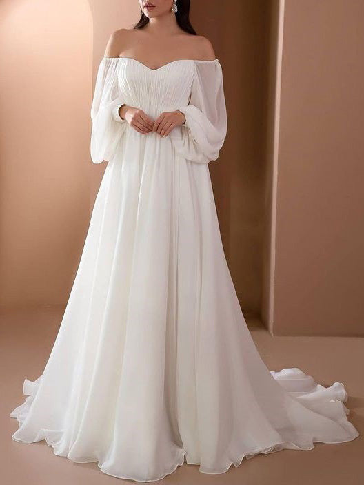 Romantisches Off-Shoulder Langarm Weißes Brautkleid für Hochzeit | Nord Taschen
