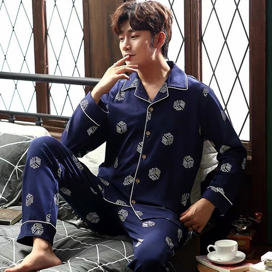 Herren-Pyjama-Set, 100% Baumwolle, langärmelig, geknöpft