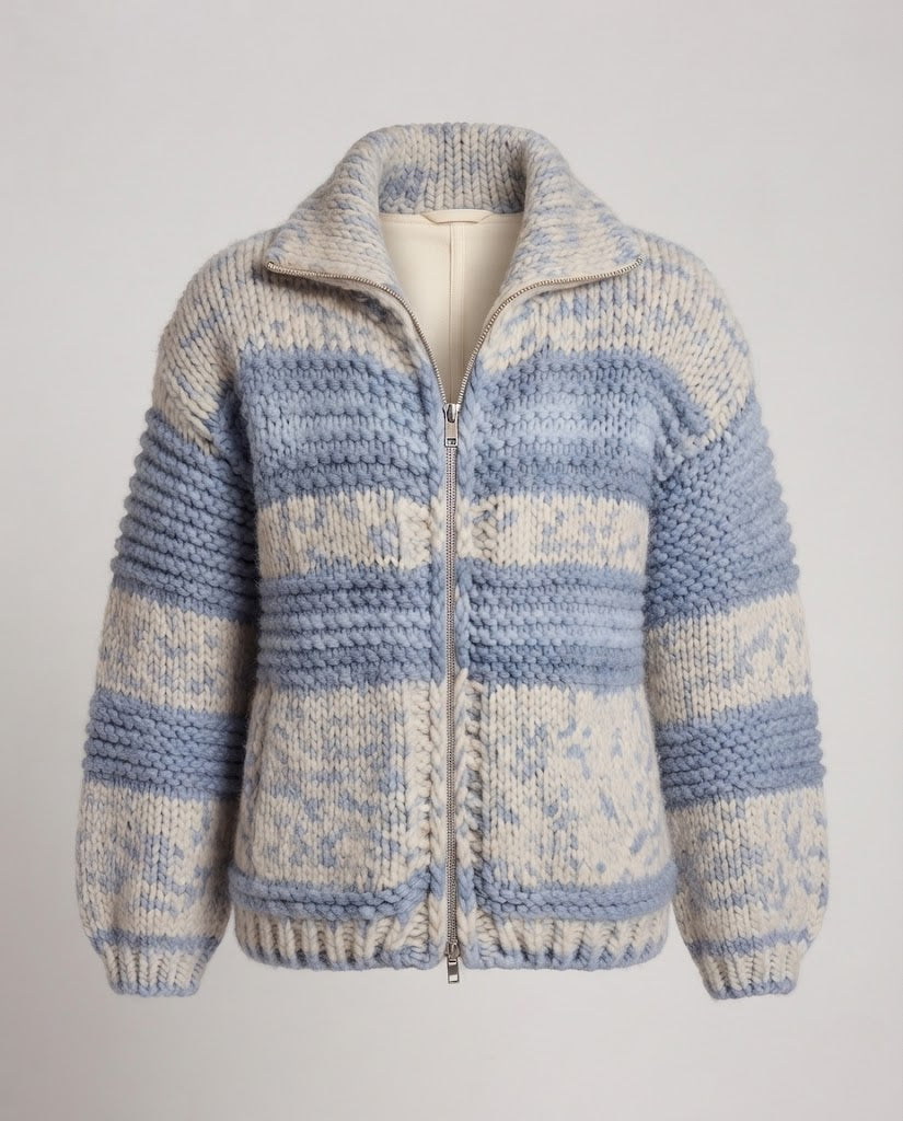 Damen Oversize Grobstrick-Pullover mit Blockstreifen und Stehkragen Nord Taschen