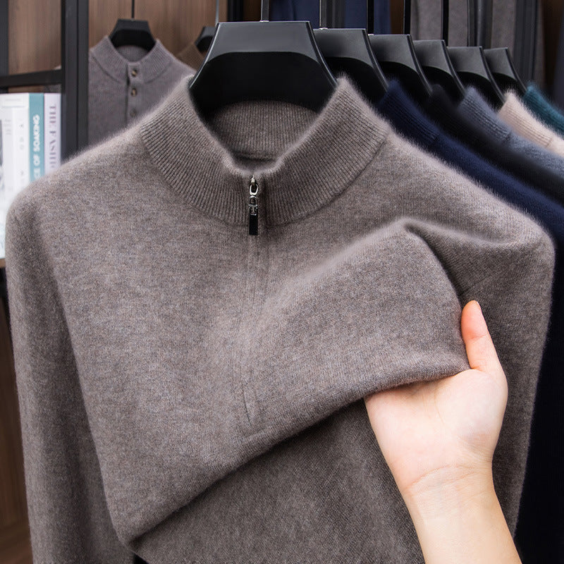 Herren-Wollpullover, 100% Wolle, Reißverschluss, Stehkragen
