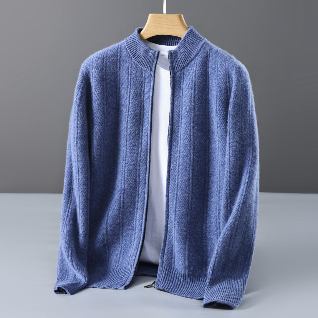 Herren-Wollstrickjacke, Stehkragen, Reißverschluss, Jacquard-Muster