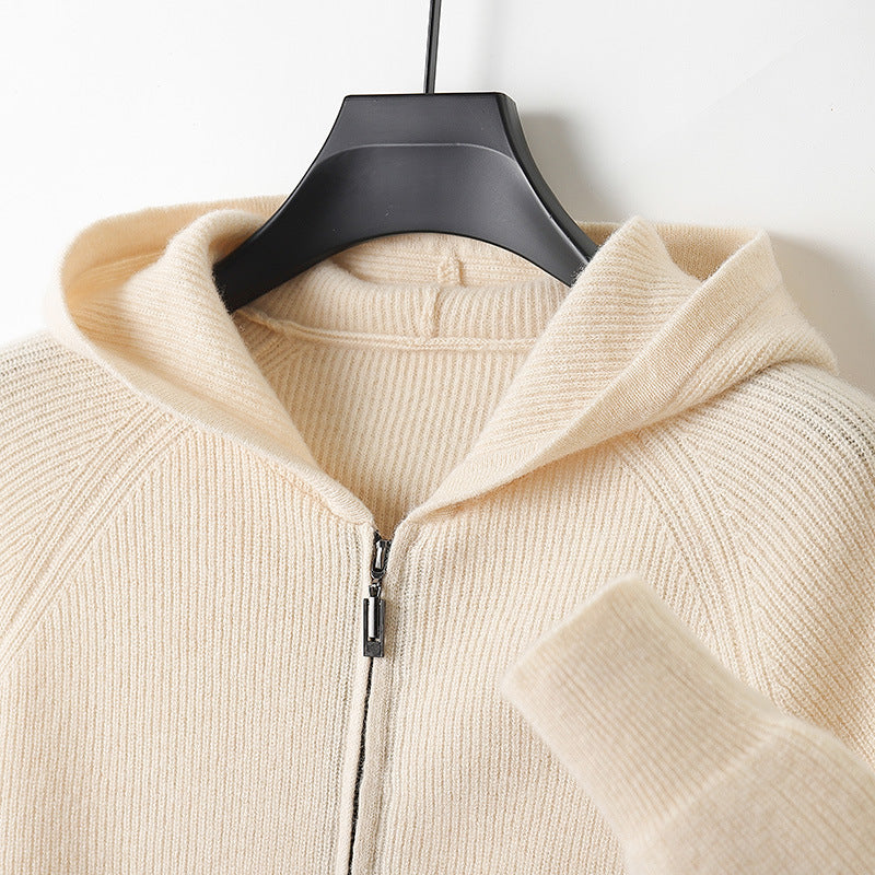 Herren-Strickjacke mit Kapuze, 100% Wolle