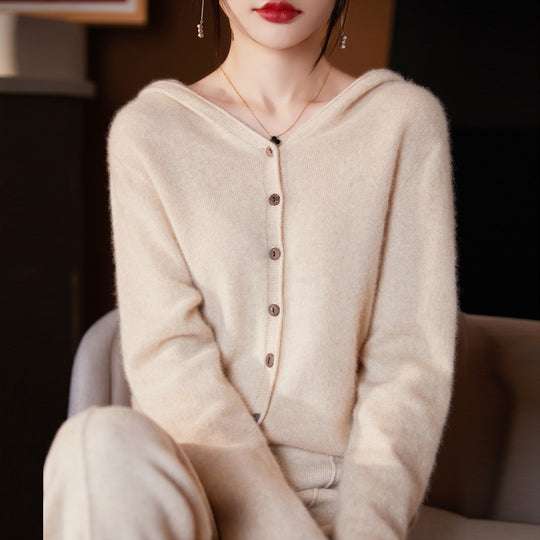 Damen-Strickjacke aus Merinowolle mit Kapuze