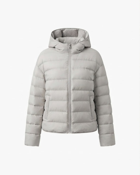 Damen nan minimalistischer kurzer thermo gesteppter Jacke mit ergonomischer Kapuze, maßgeschneidertem Nahtdesign und winddichtem Außenmaterial