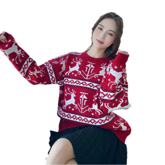 Weihnachtspullover für Damen, Rundhals, Rentier-Motiv, gestrickt