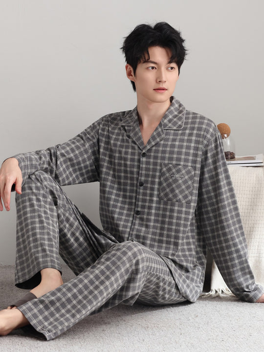 Herren-Pyjama-Set, kariert, Baumwolle, Vintage-Stil