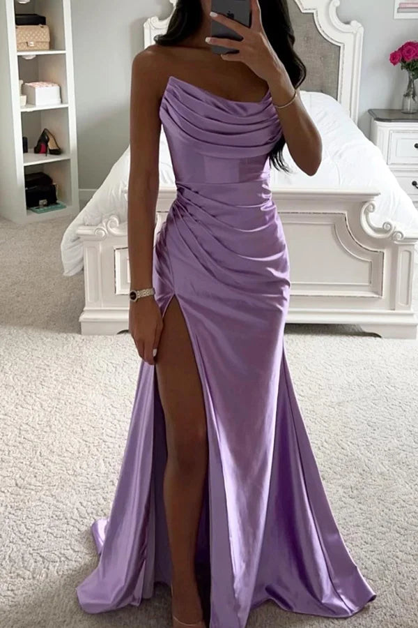 Glänzendes Satin Off-Shoulder Falten Spalte Abend Maxi Kleid - Arvani