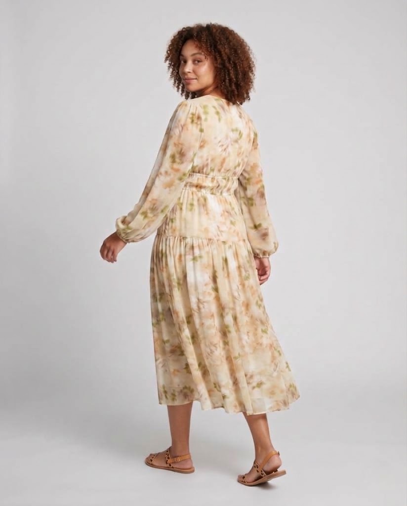 Damen Fließendes Maxikleid mit tiefem V‑Ausschnitt, geraffter Taillenpartie und Volantstufen Nord Taschen