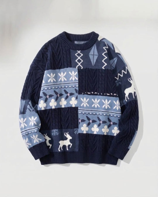 Herren Oversized Grobgestrickter Intarsia-Pullover mit Norweger- und Zopfmuster Nord Taschen