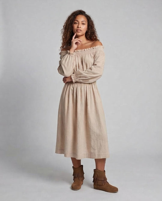 Damen Romantisches Off-Shoulder Maxikleid Nord Taschen