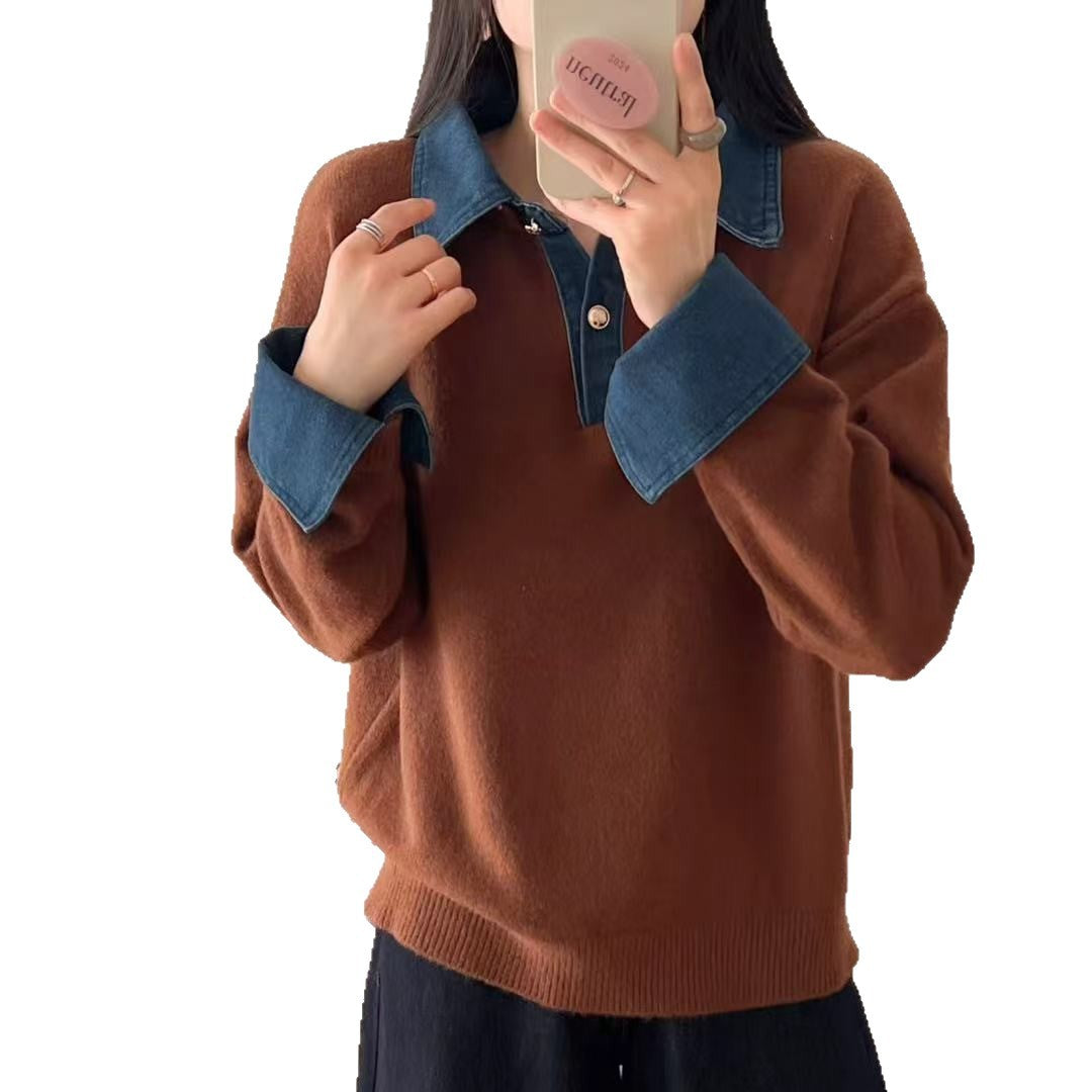 Damen-Strickpullover mit Polo-Kragen und Jeans-Ärmeln