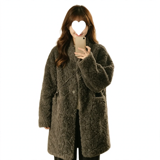 Lammfleece-Imitat Mantel, mittellang, Damen