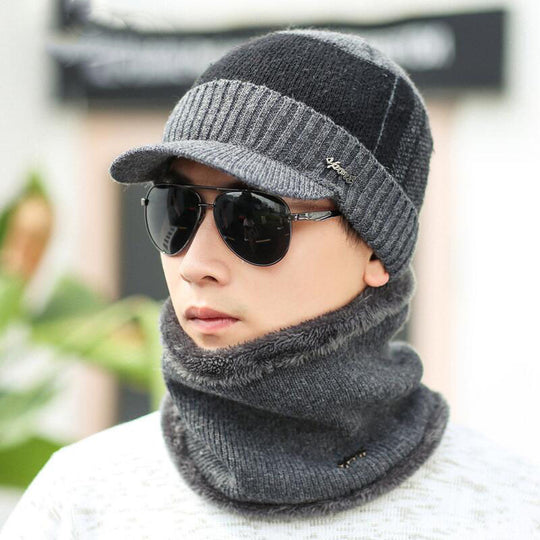 Herren Strickmütze und Schal Set, gefüttert