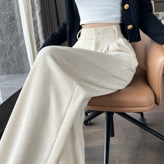 Chenille-Stoffhose mit hohem Bund, gerade geschnitten