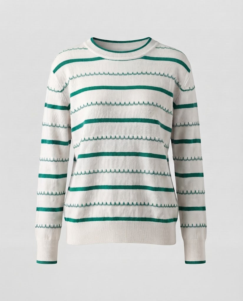 Damen Gestreifter Feinstrickpullover mit Ziernaht und Rundhalsausschnitt Nord Taschen